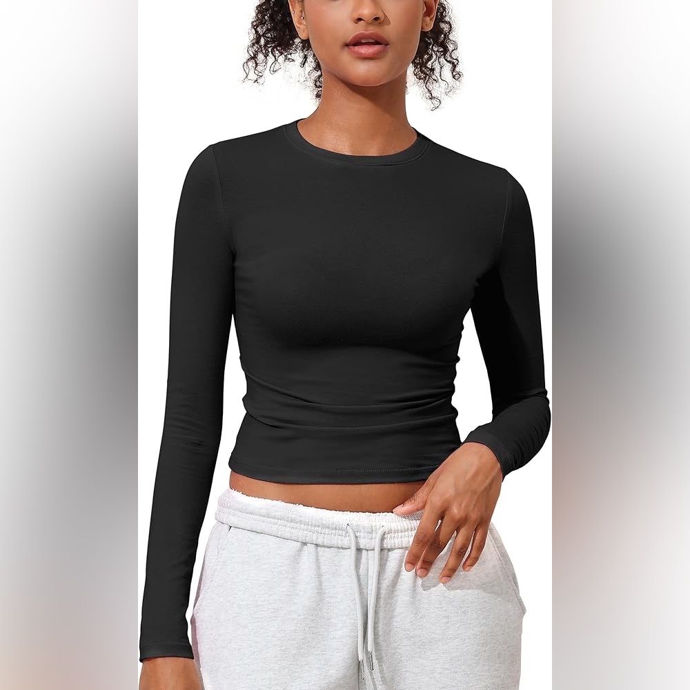 Cotton Jersey Basic Long Sleeve Crewneck Shirt Top Black Sz Small